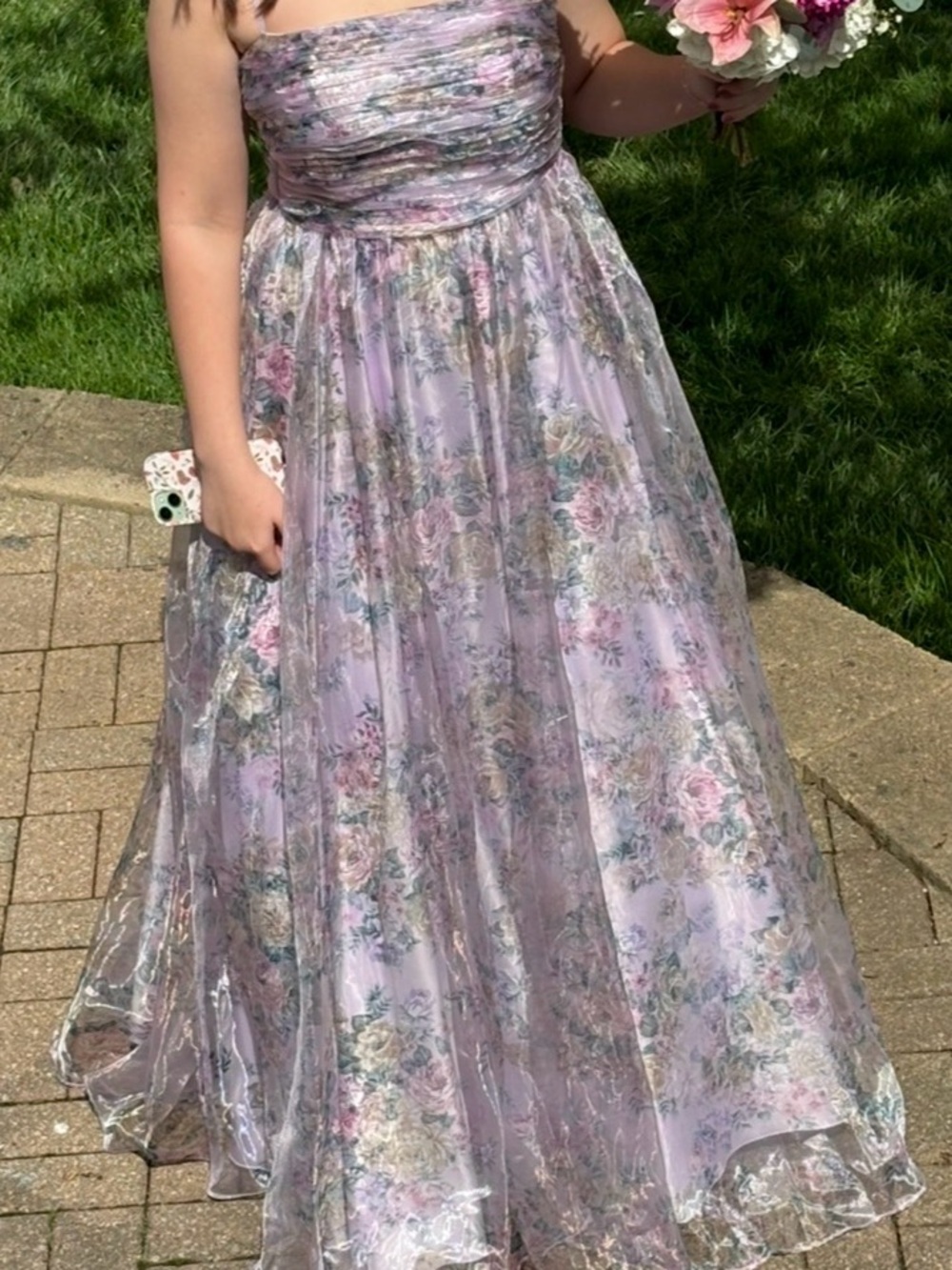 Strapless Lavender Floral Prom Dress